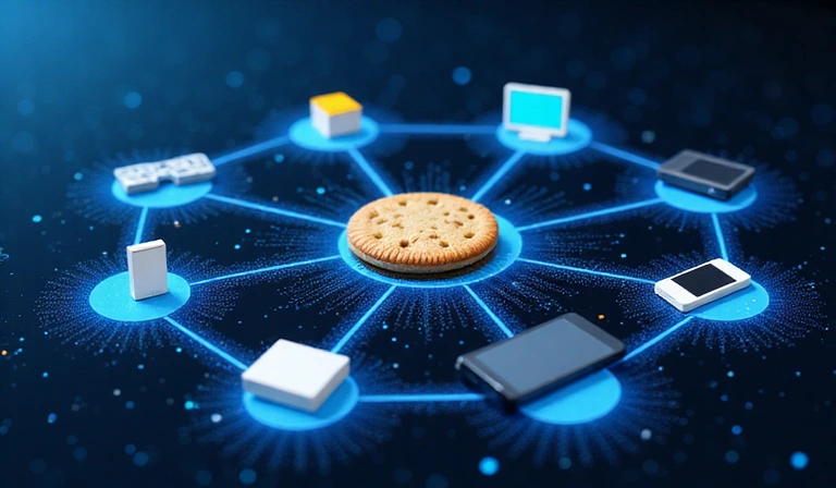 Illustration of a network of interconnected devices and services, representing third-party cookie usage