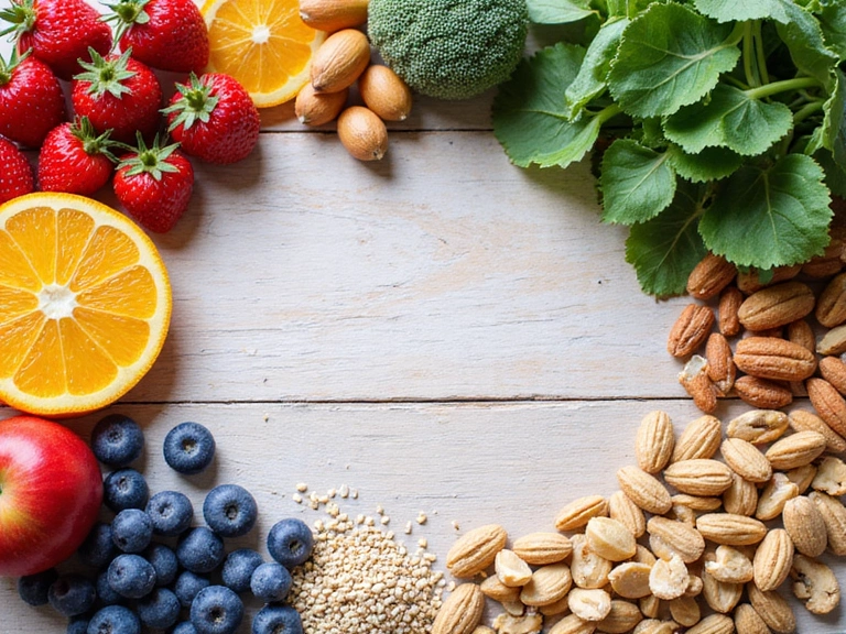 A vibrant image of fresh, healthy ingredients like fruits, vegetables, and nuts, arranged aesthetically on a wooden table, symbolizing personalized nutrition and well-being.